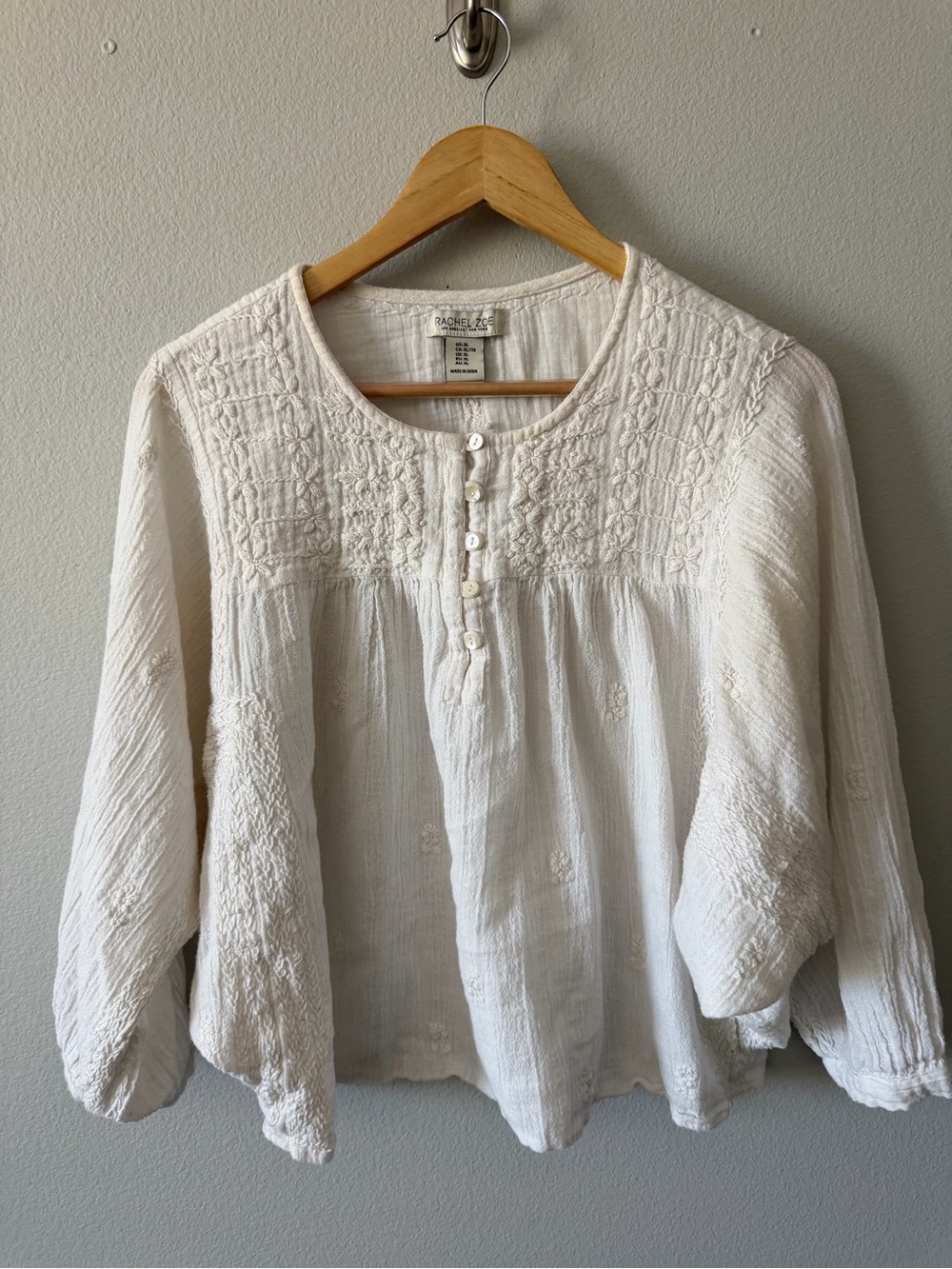 Rachel Zoe White Embroidered Cotton Peasant Blouse